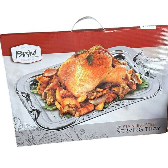 Parini 21" Stainless Steel Serving Tray Decorative Handles Elegant Design - Picture 2 of 8